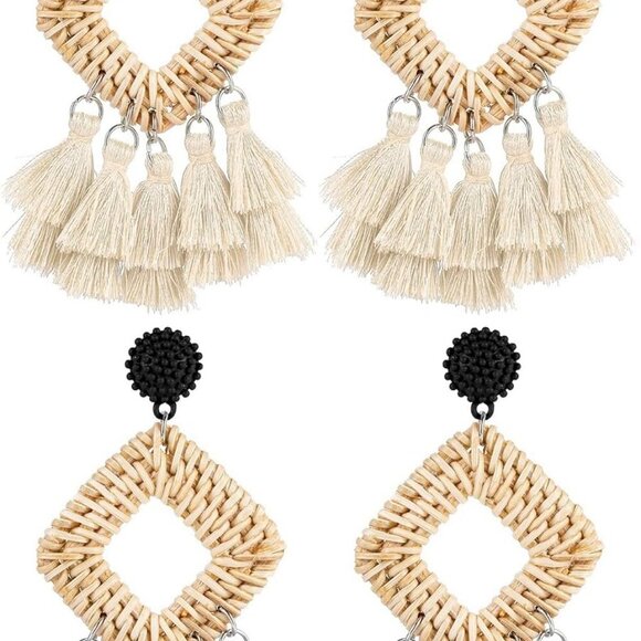 Jewelry - 2 Pairs Rattan Tassel for Women Bohemian Woven Summer Beach Jewelry GiftsBlack a